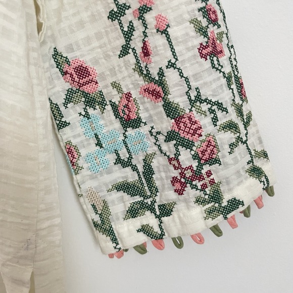 J. Junaid Jamshed Ladies Kurti XS Beige Cotton Cross Stitch Embroidered Boho NWT - Picture 4 of 16